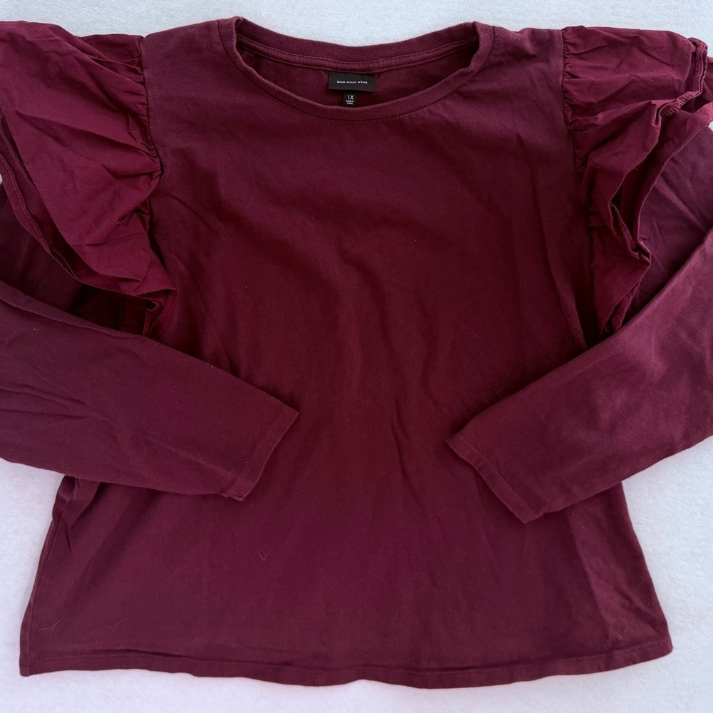 Who What Wear Burgundy Ruffled Long Sleeve Top- Size 1X - Picture 2 of 5